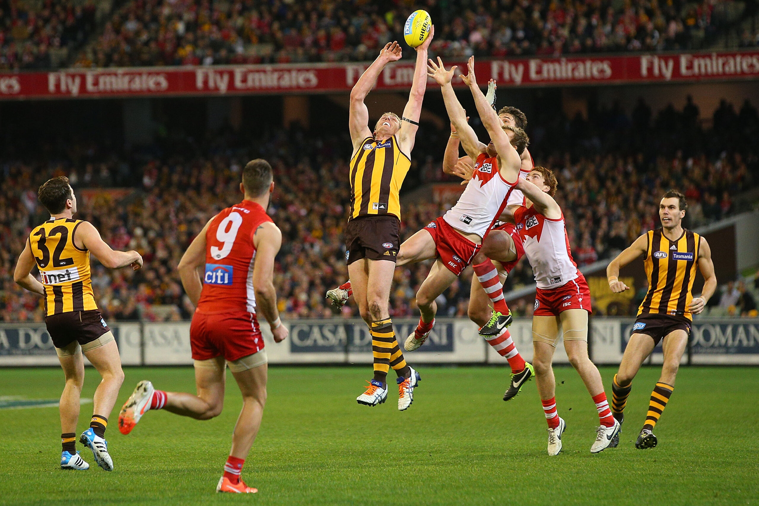 MELBOURNE, AUSTRALIA - JULY 26: Ben McEvoy of the Hawks competes for the ball during the round 18 AFL match between the Hawthorn Hawks and the Sydney Swans at Melbourne Cricket Ground on July 26, 2014 in Melbourne, Australia. (Photo by Michael Dodge/Getty Images)